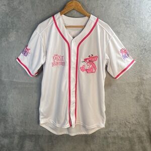 Pink Panther Baseball Jersey Unisex Medium White Pink Embroidered Button Up